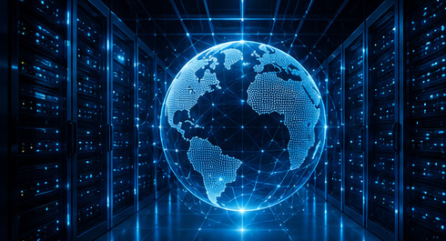 Global data infrastructure visualized as an illuminated globe within a data center