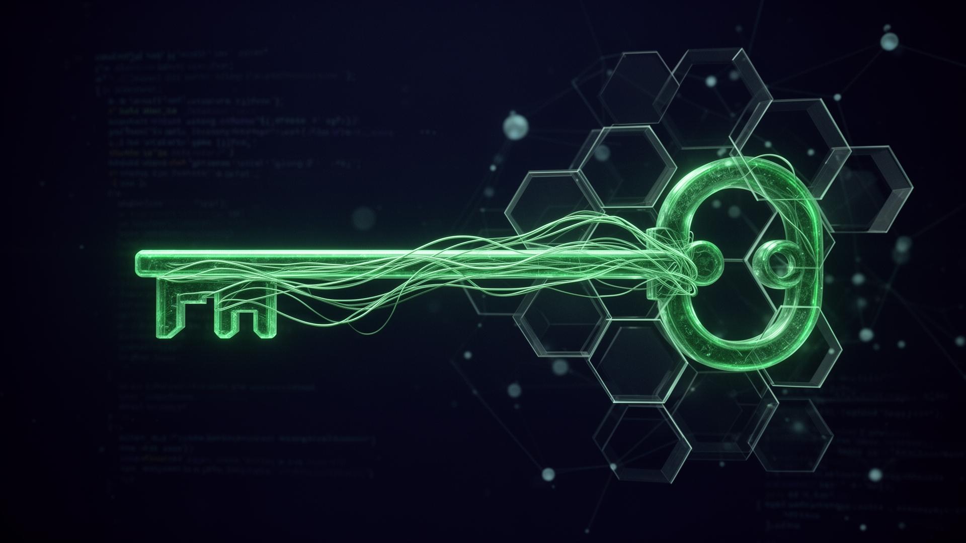 Cryptographic key visualization made of glowing fibers over a hex lattice